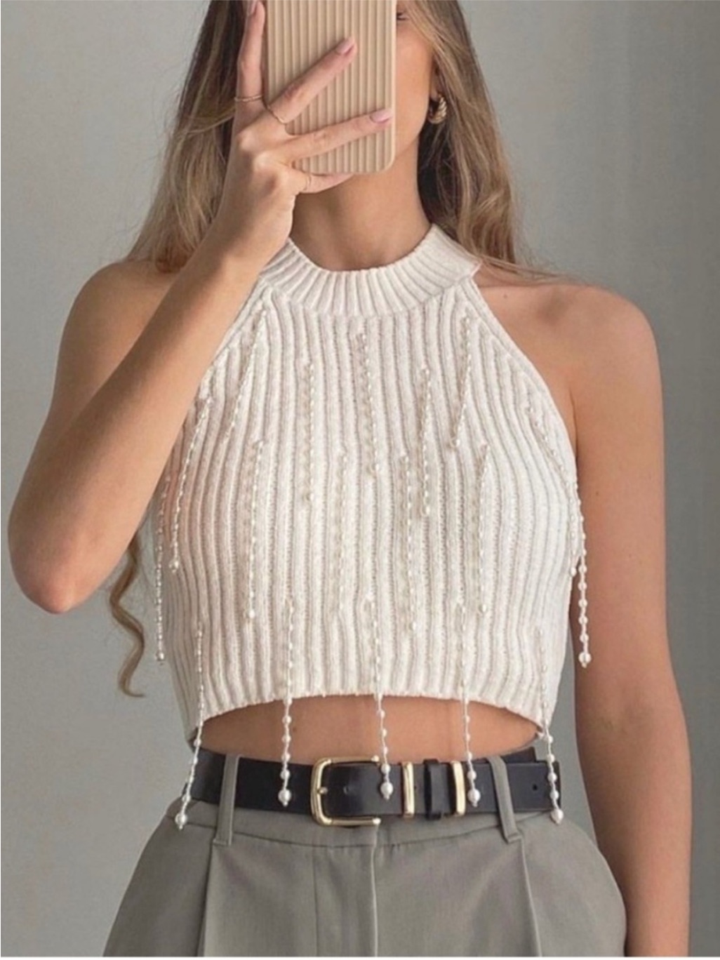 Zara Chenille Halter Knit Top With Faux Pearl Tank Top Cream Color Size Medium